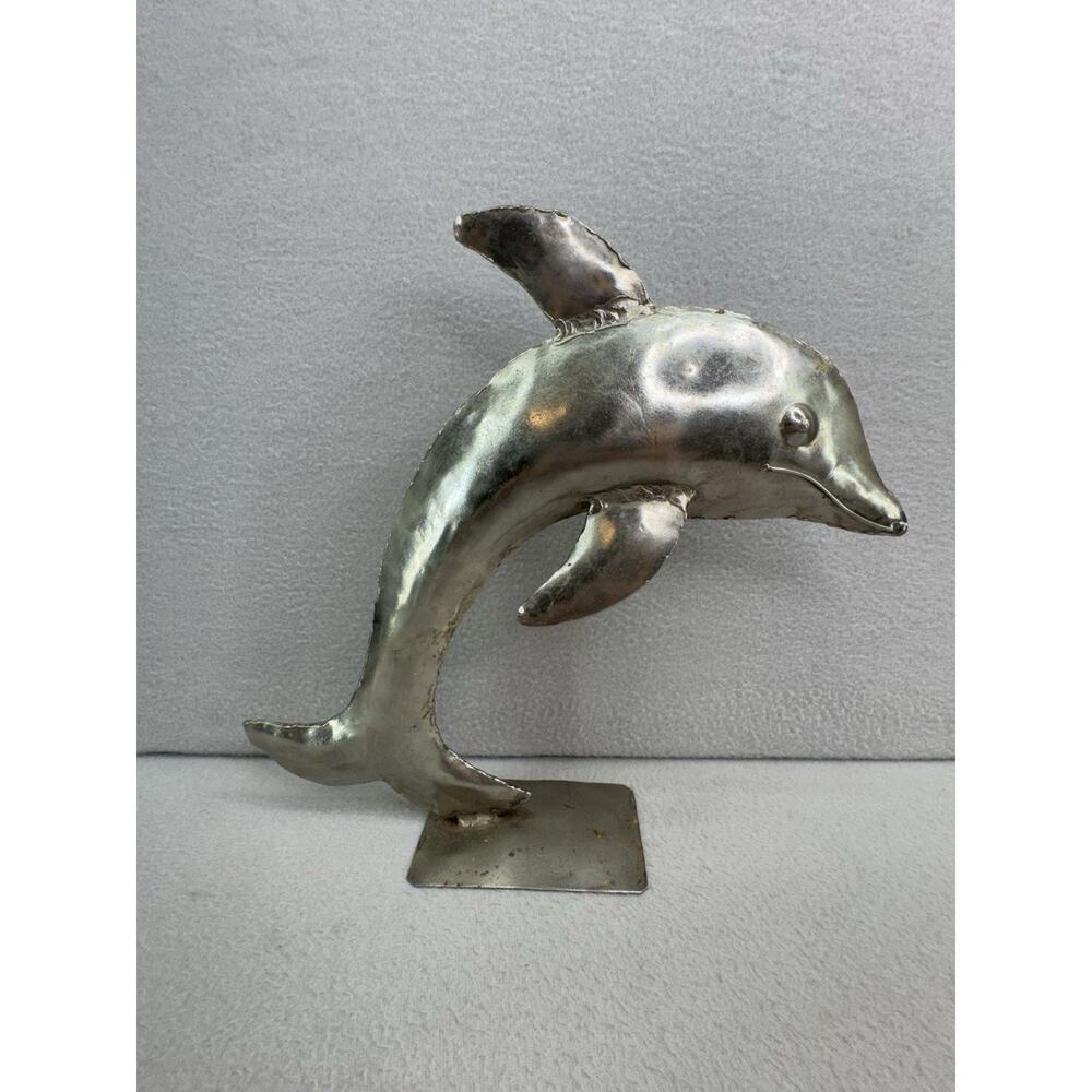 VTG Welded Metal Dolphin Statue Folk Art Coastal Ocean Decor Silver Tone 11.5x9